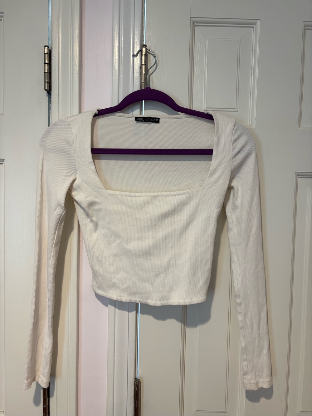 Zara White Long-Sleeve Square Neck Cropped Top